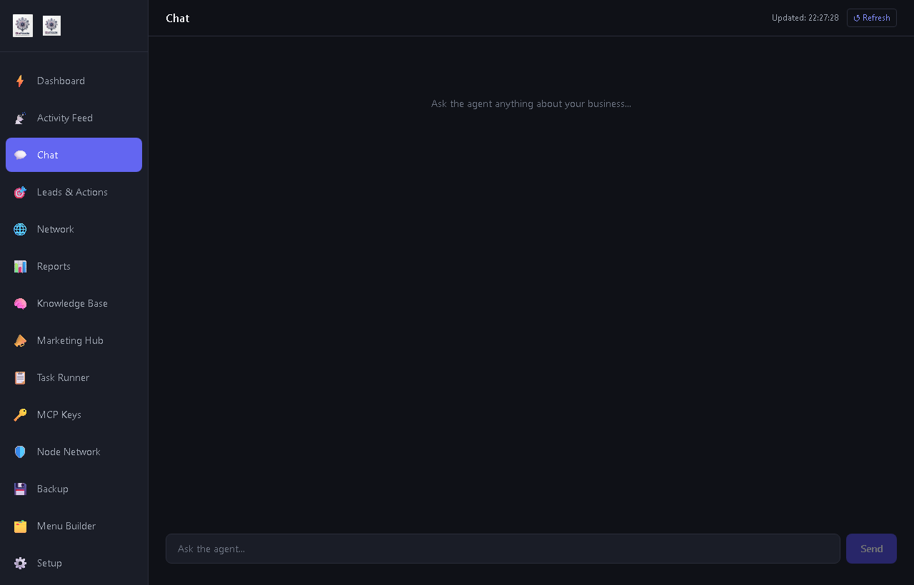 BizNode Chat screen — ask the AI agent anything about your business