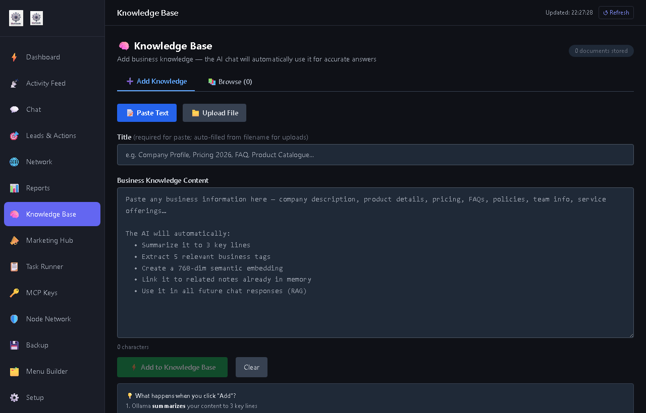 BizNode Knowledge Base screen — paste text or upload a file to add business knowledge