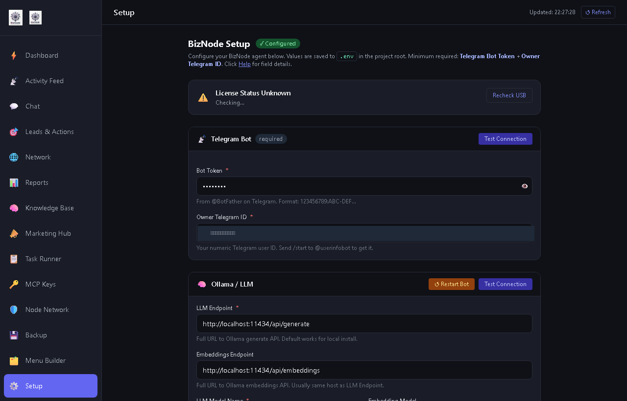 BizNode Setup screen — configure Telegram bot token, Ollama endpoint, and more