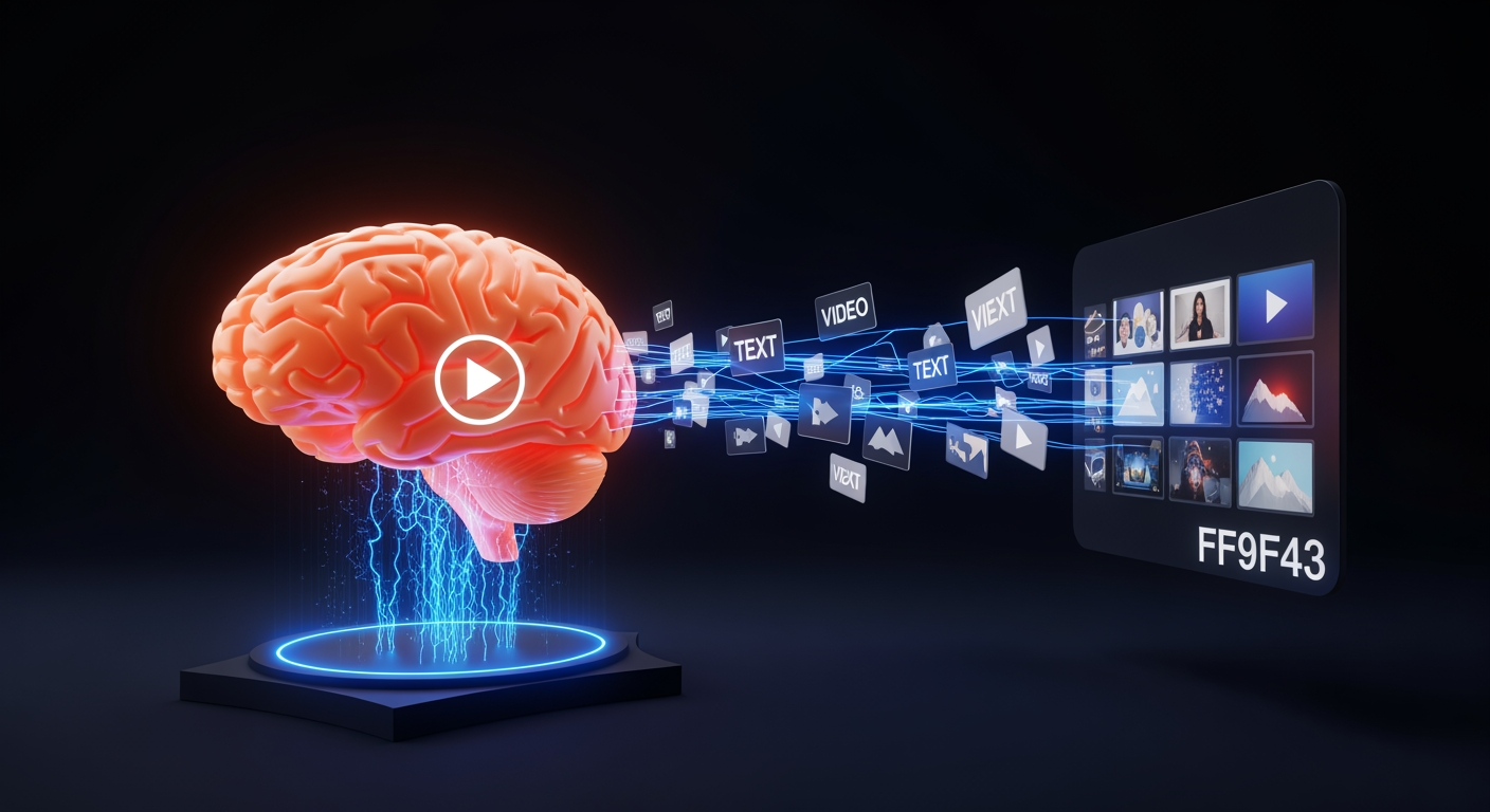 AI brain producing video, text, and images into a multi-channel pipeline