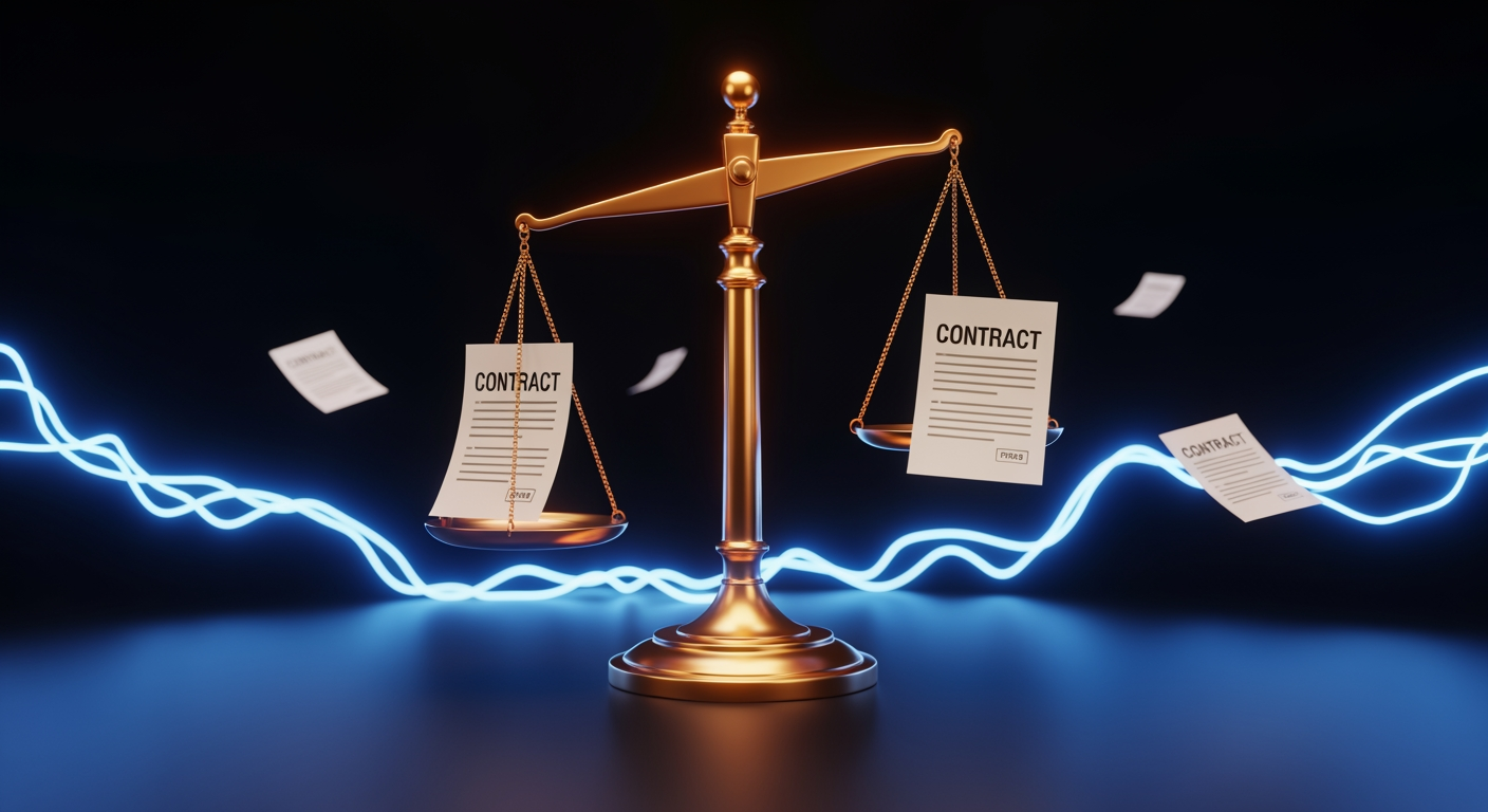 Digital scales of justice with floating contract documents of light