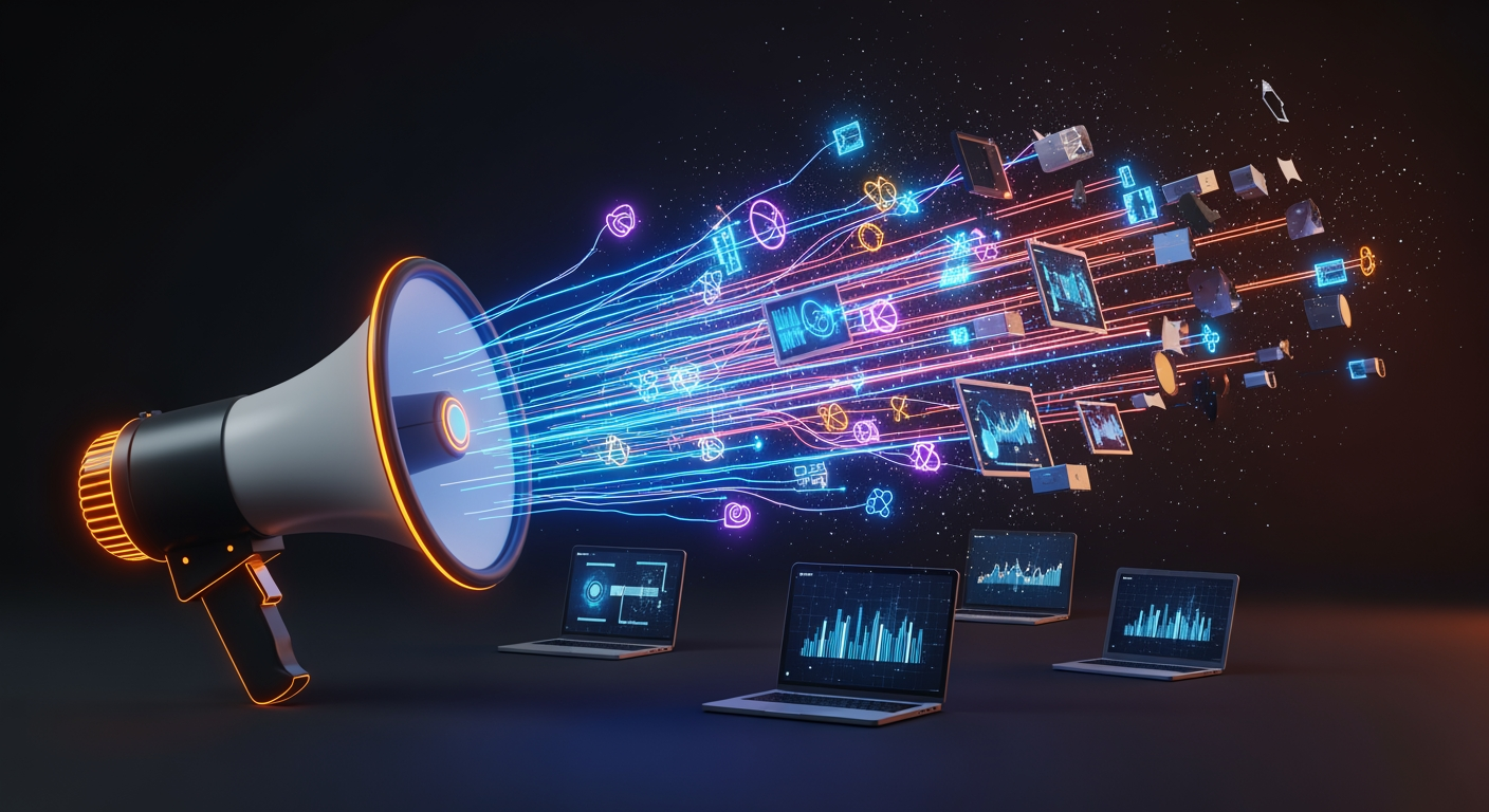Megaphone bursting into colorful data streams across multiple devices