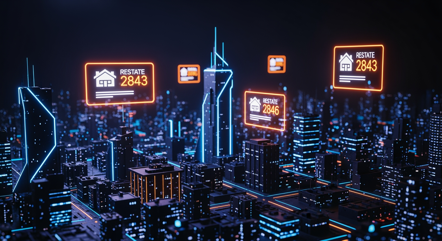 Futuristic city with glowing real estate listings floating above buildings
