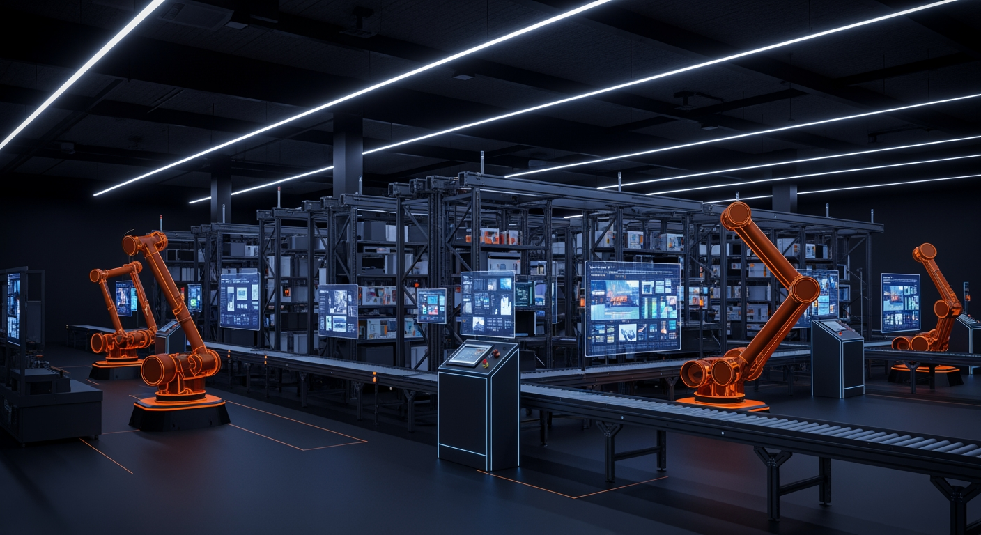 Modern automated warehouse with robots and conveyor belts